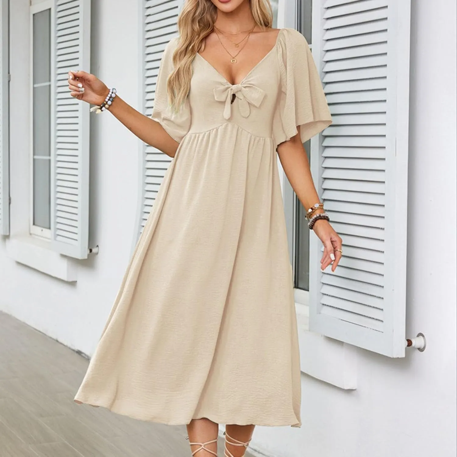2025 Summer Dress for Women Casual Short Sleeve Bow Tie V Neck Ruffle Midi Flowy Smocked Boho Dresses Beach Sundress