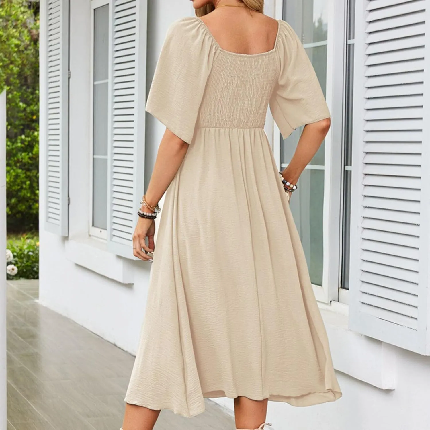 2025 Summer Dress for Women Casual Short Sleeve Bow Tie V Neck Ruffle Midi Flowy Smocked Boho Dresses Beach Sundress