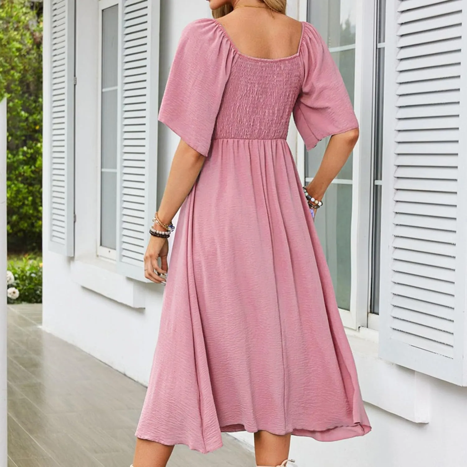 2025 Summer Dress for Women Casual Short Sleeve Bow Tie V Neck Ruffle Midi Flowy Smocked Boho Dresses Beach Sundress