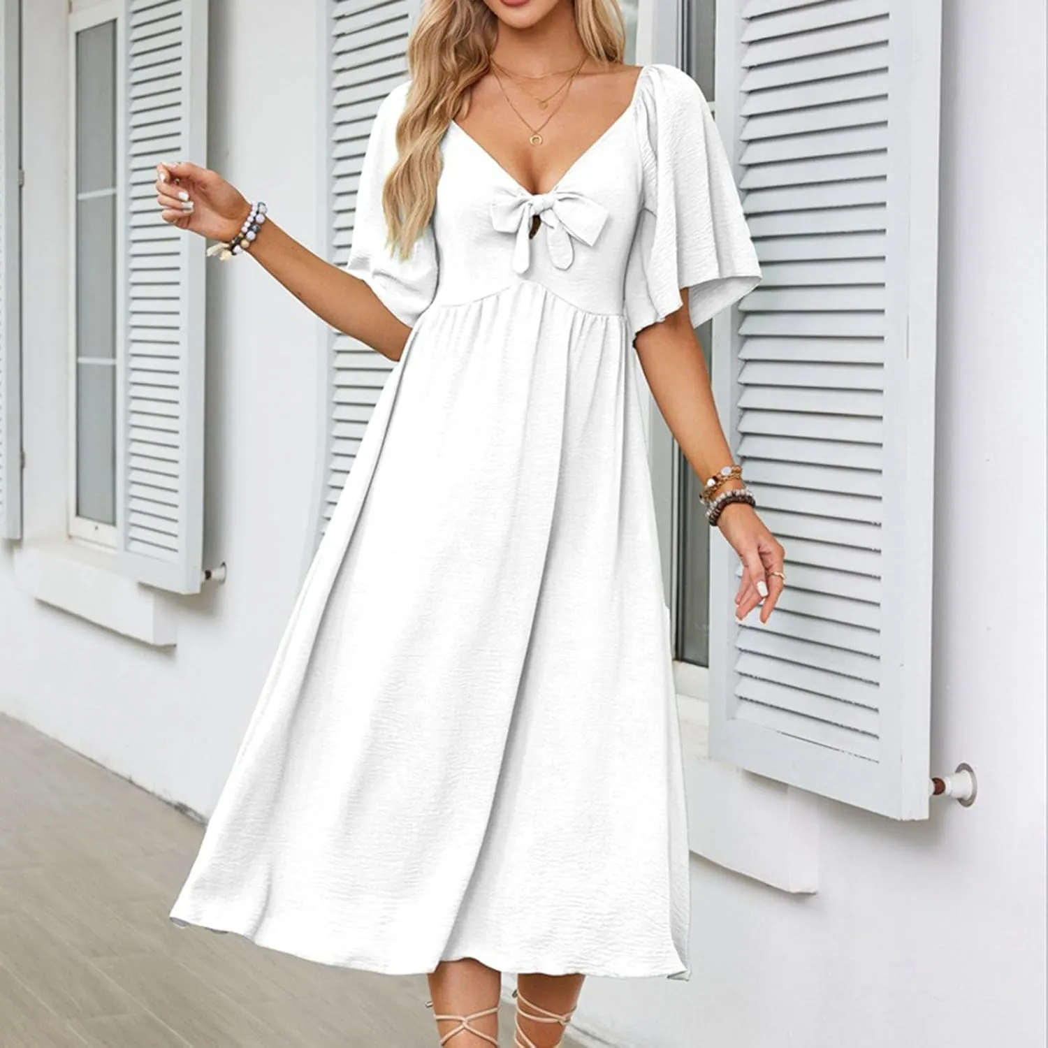 2025 Summer Dress for Women Casual Short Sleeve Bow Tie V Neck Ruffle Midi Flowy Smocked Boho Dresses Beach Sundress
