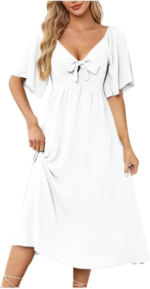 2025 Summer Dress for Women Casual Short Sleeve Bow Tie V Neck Ruffle Midi Flowy Smocked Boho Dresses Beach Sundress