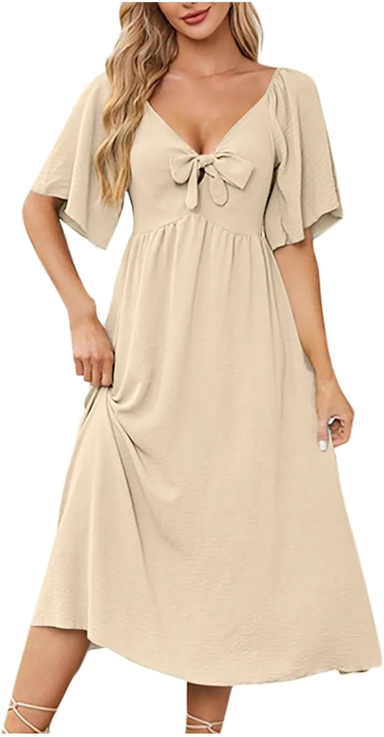 2025 Summer Dress for Women Casual Short Sleeve Bow Tie V Neck Ruffle Midi Flowy Smocked Boho Dresses Beach Sundress