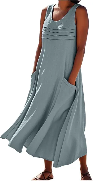2025 Summer Dresses Women Cotton Linen Tank Dress Maxi Long Pleated Sleeveless Flowy Swing Beach Sundress Pockets