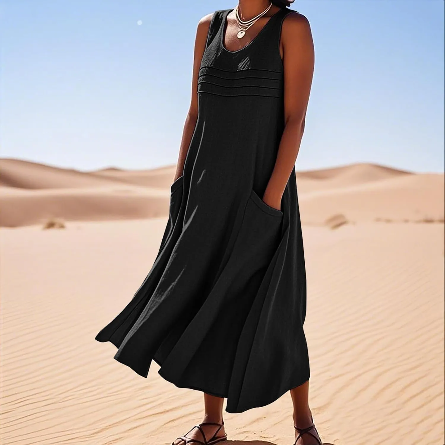 2025 Summer Dresses Women Cotton Linen Tank Dress Maxi Long Pleated Sleeveless Flowy Swing Beach Sundress Pockets