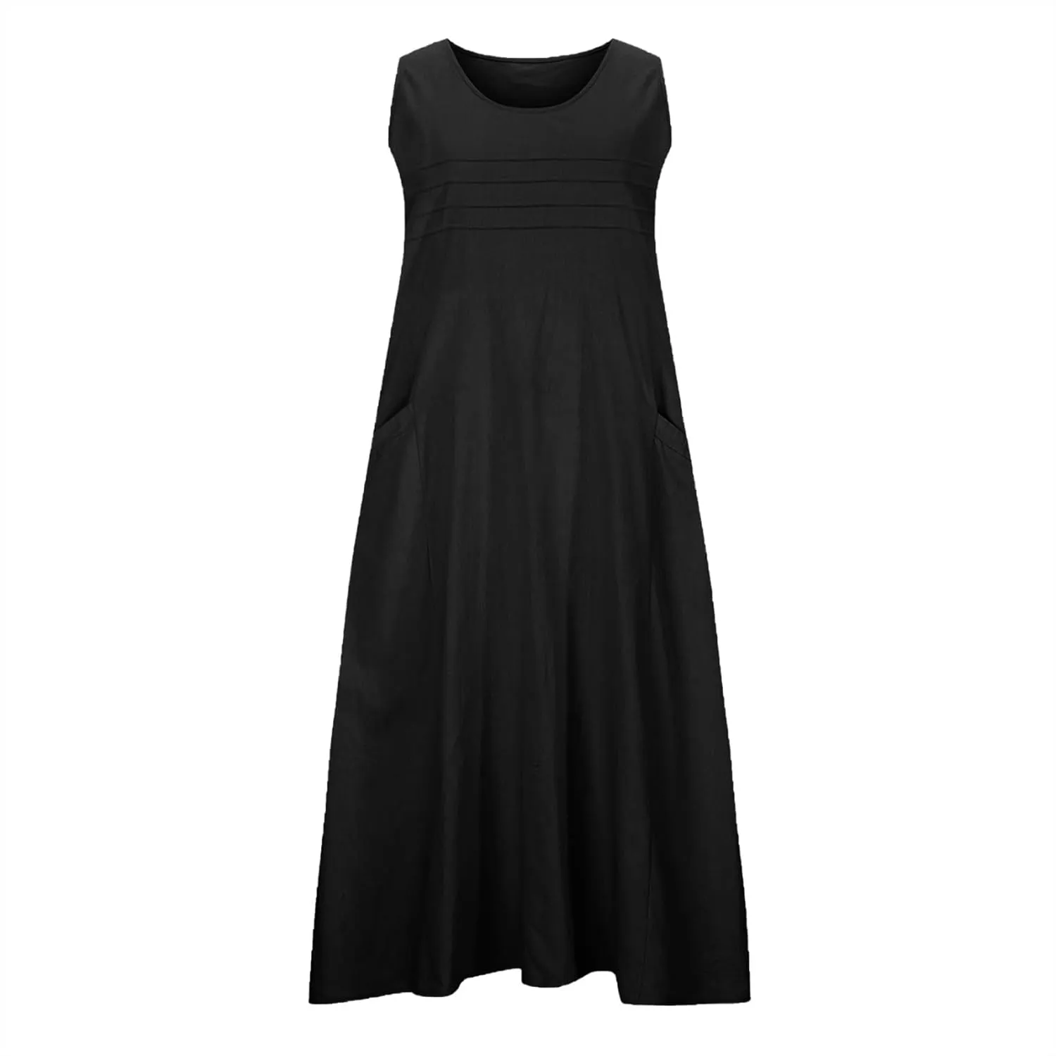 2025 Summer Dresses Women Cotton Linen Tank Dress Maxi Long Pleated Sleeveless Flowy Swing Beach Sundress Pockets