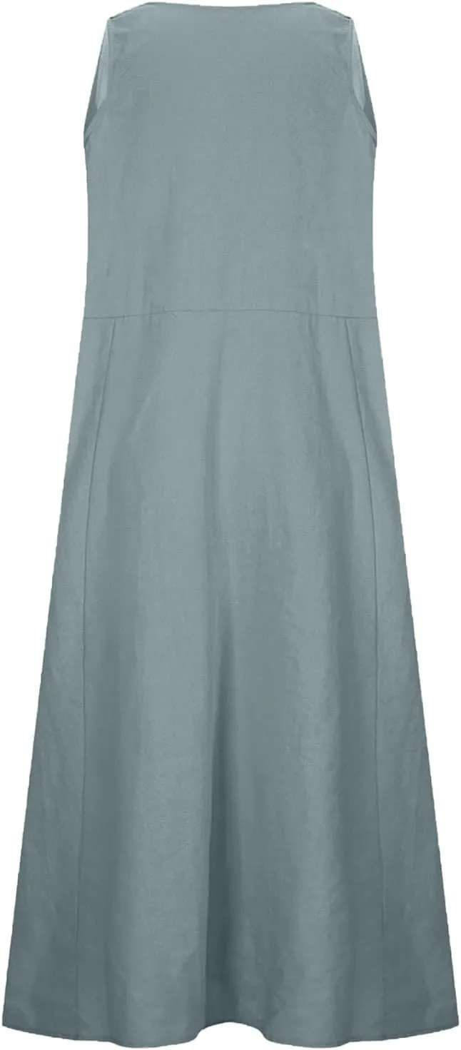 2025 Summer Dresses Women Cotton Linen Tank Dress Maxi Long Pleated Sleeveless Flowy Swing Beach Sundress Pockets