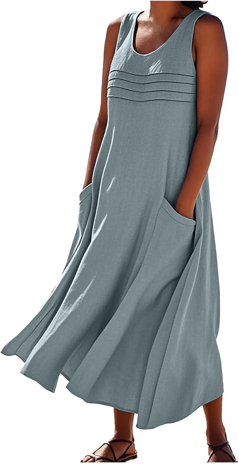 2025 Summer Dresses Women Cotton Linen Tank Dress Maxi Long Pleated Sleeveless Flowy Swing Beach Sundress Pockets