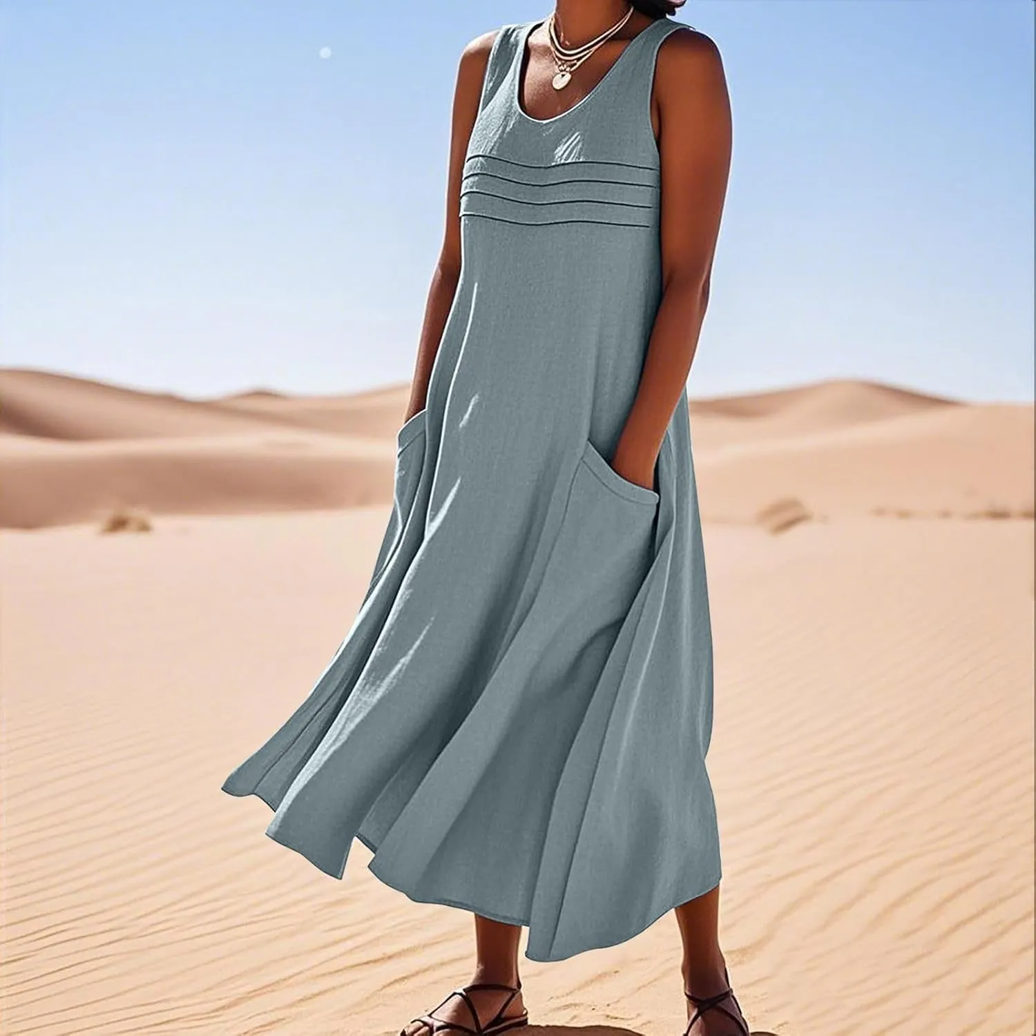 2025 Summer Dresses Women Cotton Linen Tank Dress Maxi Long Pleated Sleeveless Flowy Swing Beach Sundress Pockets