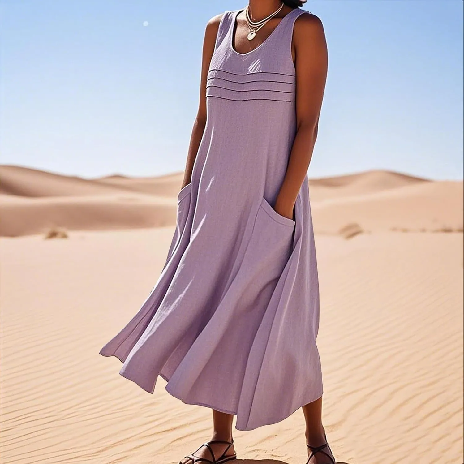 2025 Summer Dresses Women Cotton Linen Tank Dress Maxi Long Pleated Sleeveless Flowy Swing Beach Sundress Pockets