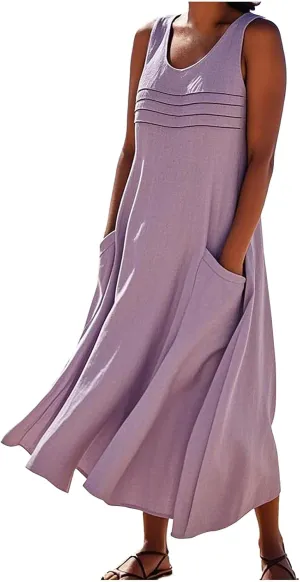 2025 Summer Dresses Women Cotton Linen Tank Dress Maxi Long Pleated Sleeveless Flowy Swing Beach Sundress Pockets