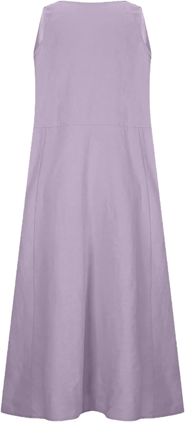 2025 Summer Dresses Women Cotton Linen Tank Dress Maxi Long Pleated Sleeveless Flowy Swing Beach Sundress Pockets
