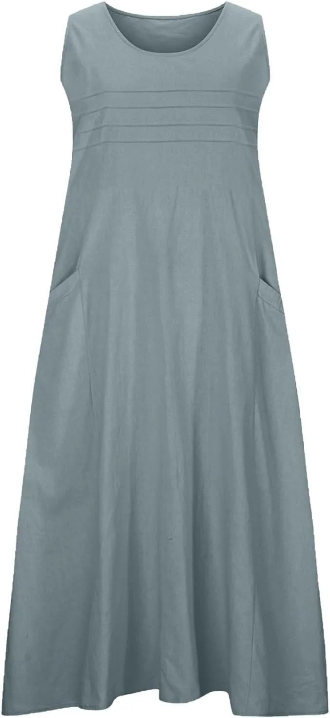 2025 Summer Dresses Women Cotton Linen Tank Dress Maxi Long Pleated Sleeveless Flowy Swing Beach Sundress Pockets