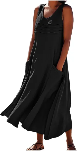 2025 Summer Dresses Women Cotton Linen Tank Dress Maxi Long Pleated Sleeveless Flowy Swing Beach Sundress Pockets