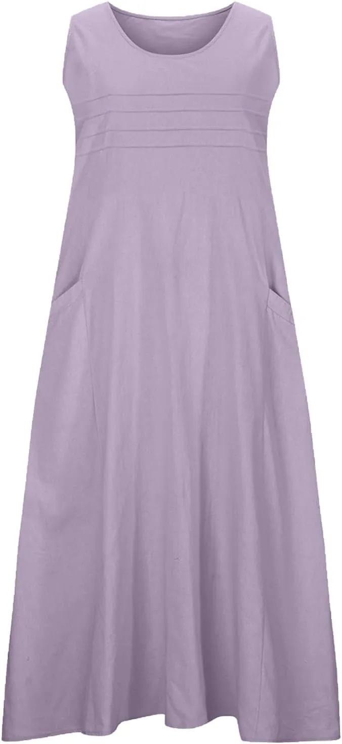 2025 Summer Dresses Women Cotton Linen Tank Dress Maxi Long Pleated Sleeveless Flowy Swing Beach Sundress Pockets