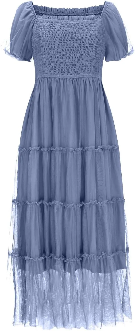 2025 Womens Smocked Midi Tulle Dress Summer Puff Short Sleeve Square Neck Tiered Ruffle Wedding Guest Party Dresses