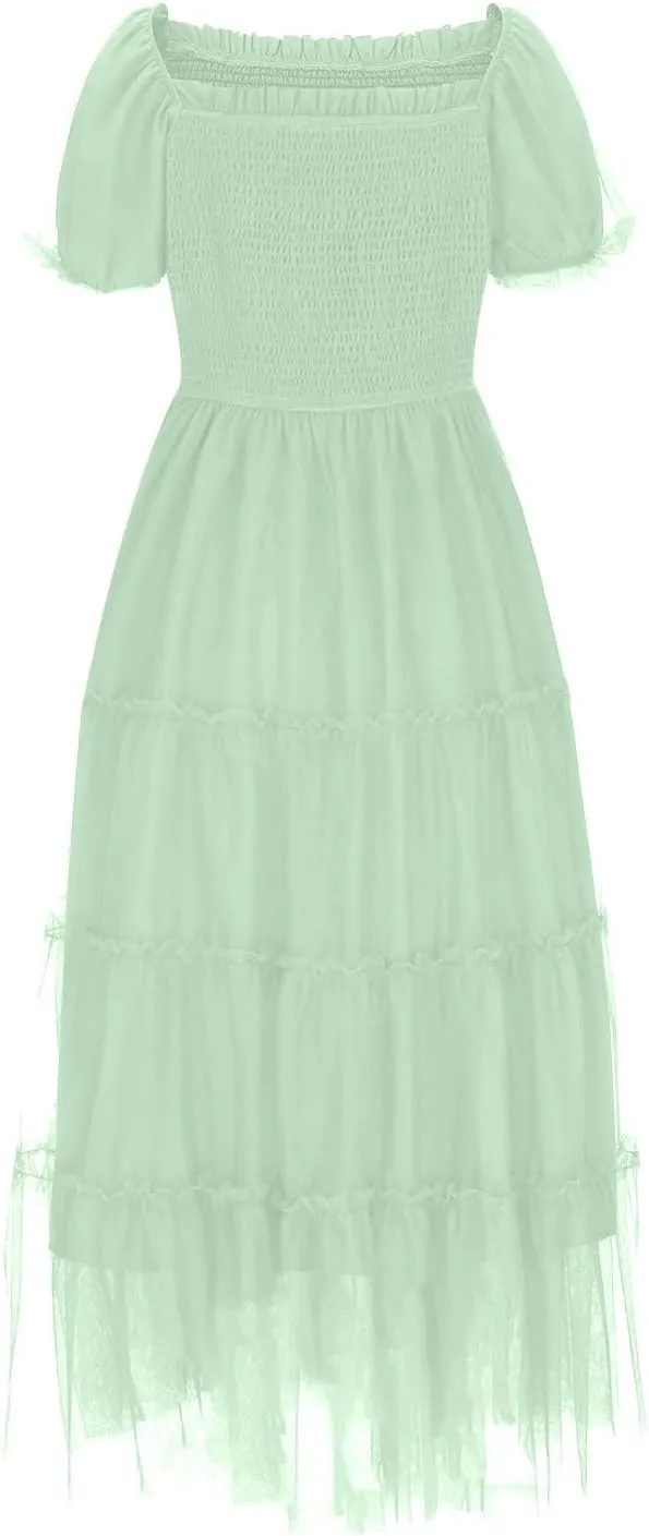 2025 Womens Smocked Midi Tulle Dress Summer Puff Short Sleeve Square Neck Tiered Ruffle Wedding Guest Party Dresses