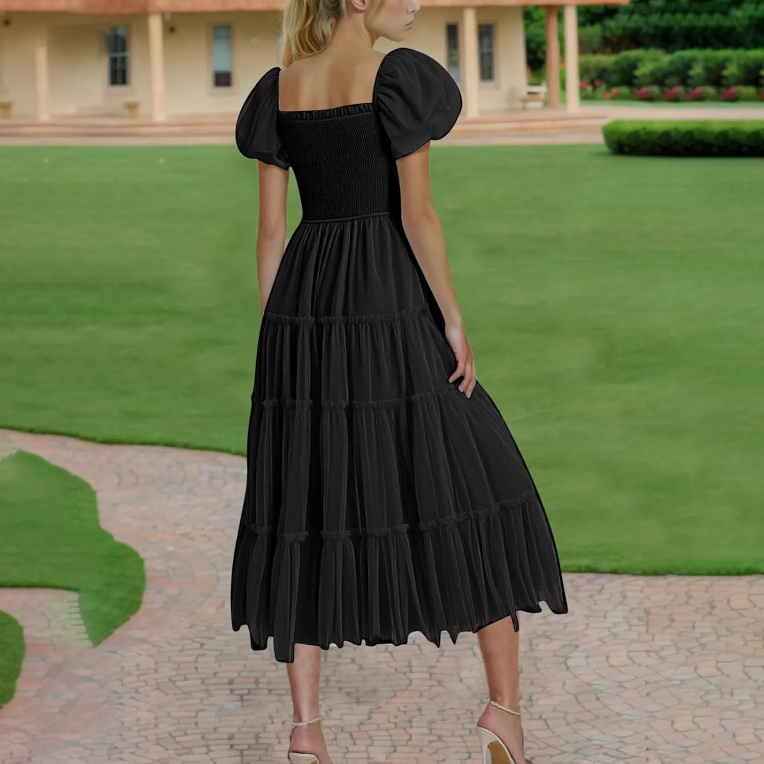 2025 Womens Smocked Midi Tulle Dress Summer Puff Short Sleeve Square Neck Tiered Ruffle Wedding Guest Party Dresses