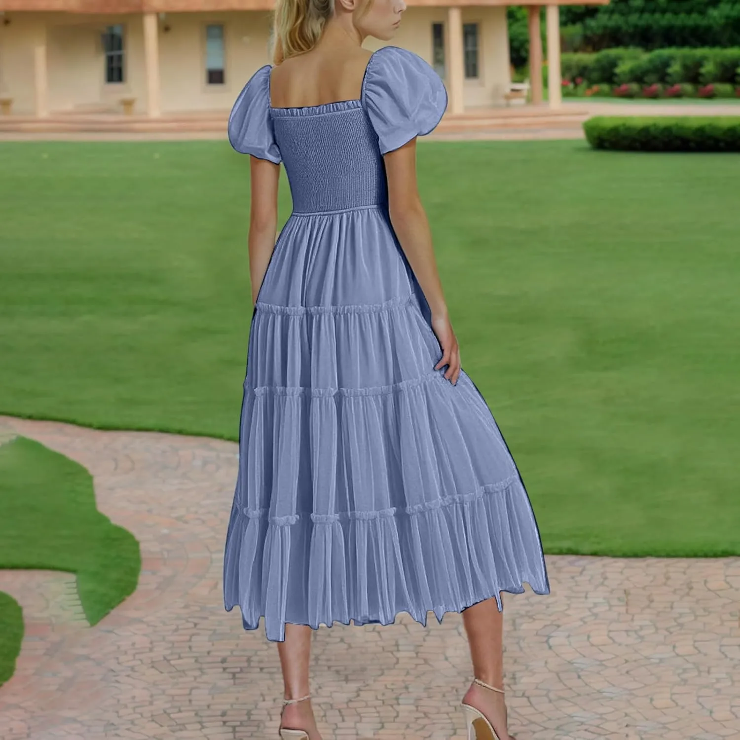 2025 Womens Smocked Midi Tulle Dress Summer Puff Short Sleeve Square Neck Tiered Ruffle Wedding Guest Party Dresses