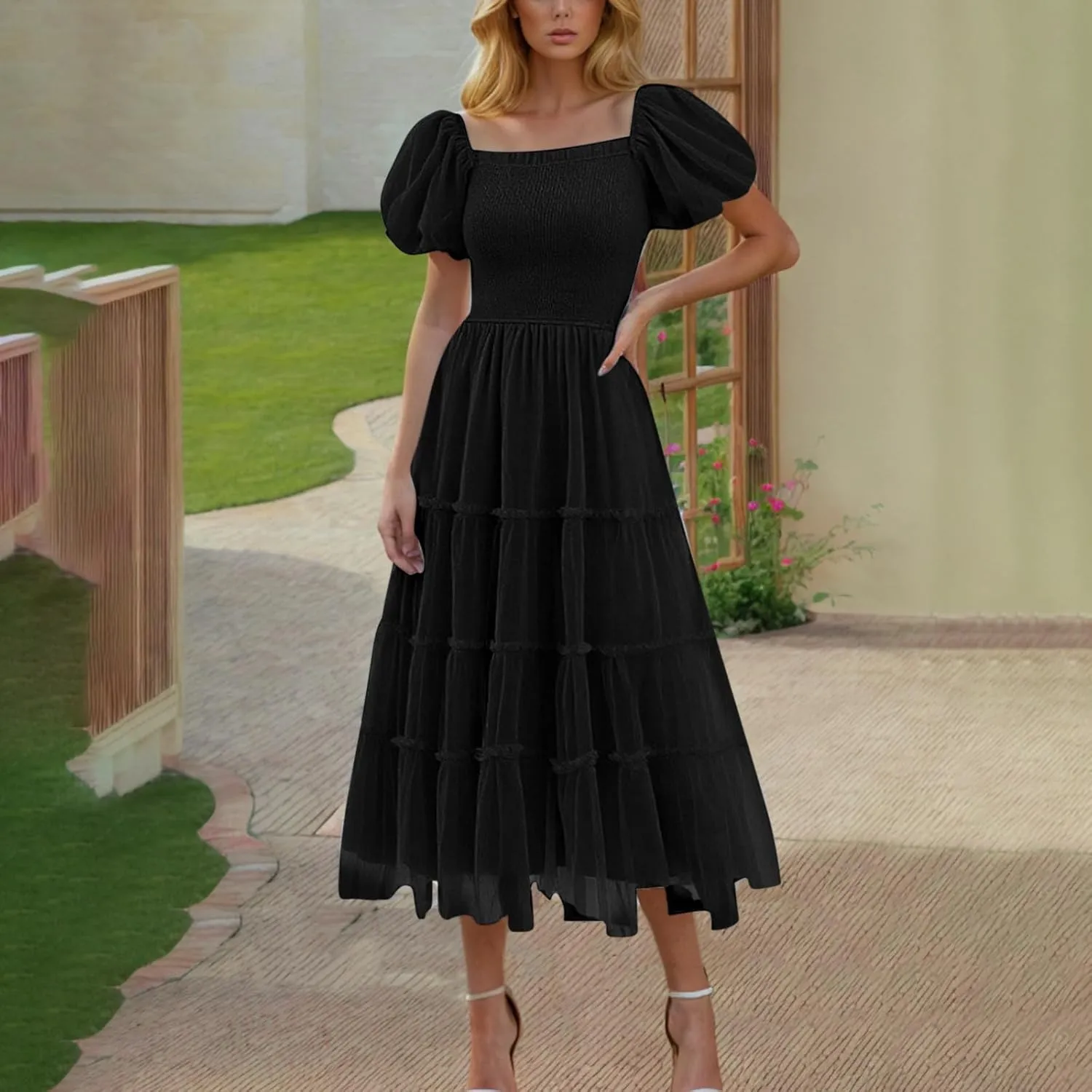 2025 Womens Smocked Midi Tulle Dress Summer Puff Short Sleeve Square Neck Tiered Ruffle Wedding Guest Party Dresses