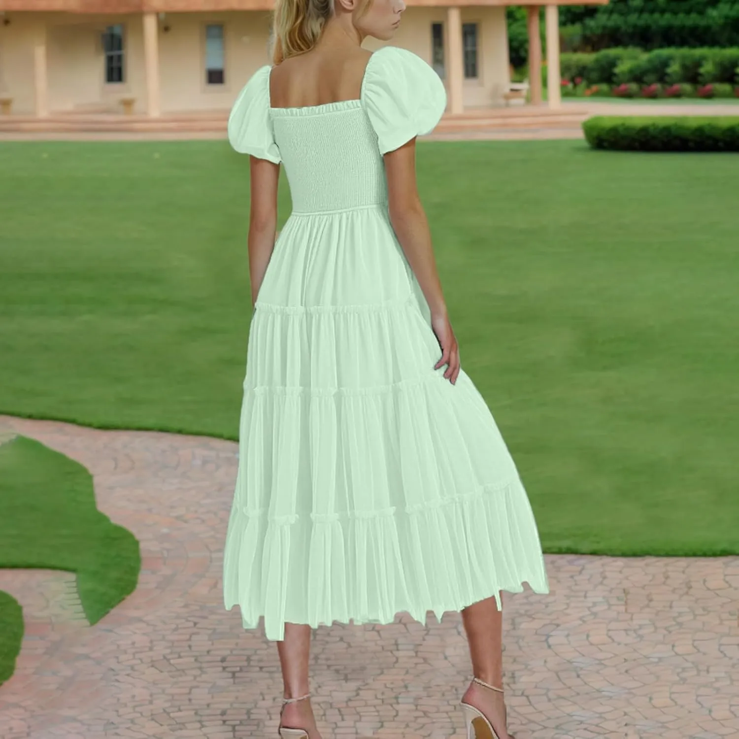 2025 Womens Smocked Midi Tulle Dress Summer Puff Short Sleeve Square Neck Tiered Ruffle Wedding Guest Party Dresses