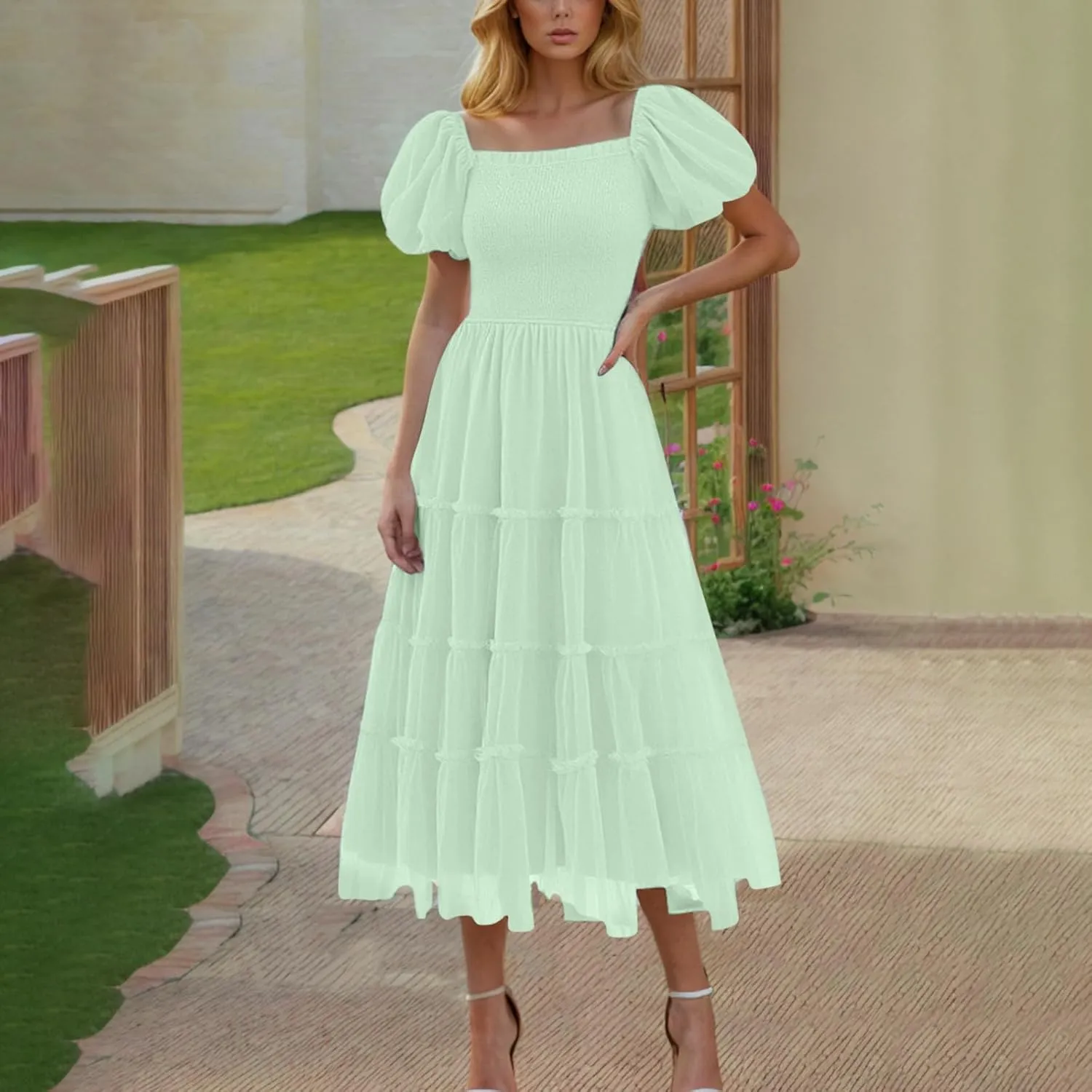 2025 Womens Smocked Midi Tulle Dress Summer Puff Short Sleeve Square Neck Tiered Ruffle Wedding Guest Party Dresses