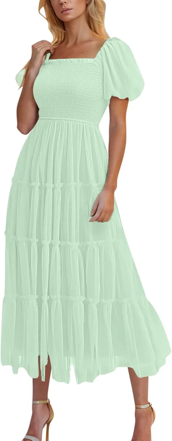 2025 Womens Smocked Midi Tulle Dress Summer Puff Short Sleeve Square Neck Tiered Ruffle Wedding Guest Party Dresses
