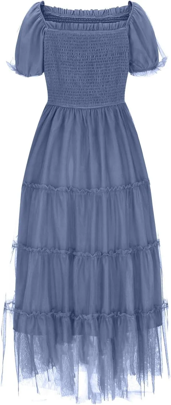 2025 Womens Smocked Midi Tulle Dress Summer Puff Short Sleeve Square Neck Tiered Ruffle Wedding Guest Party Dresses