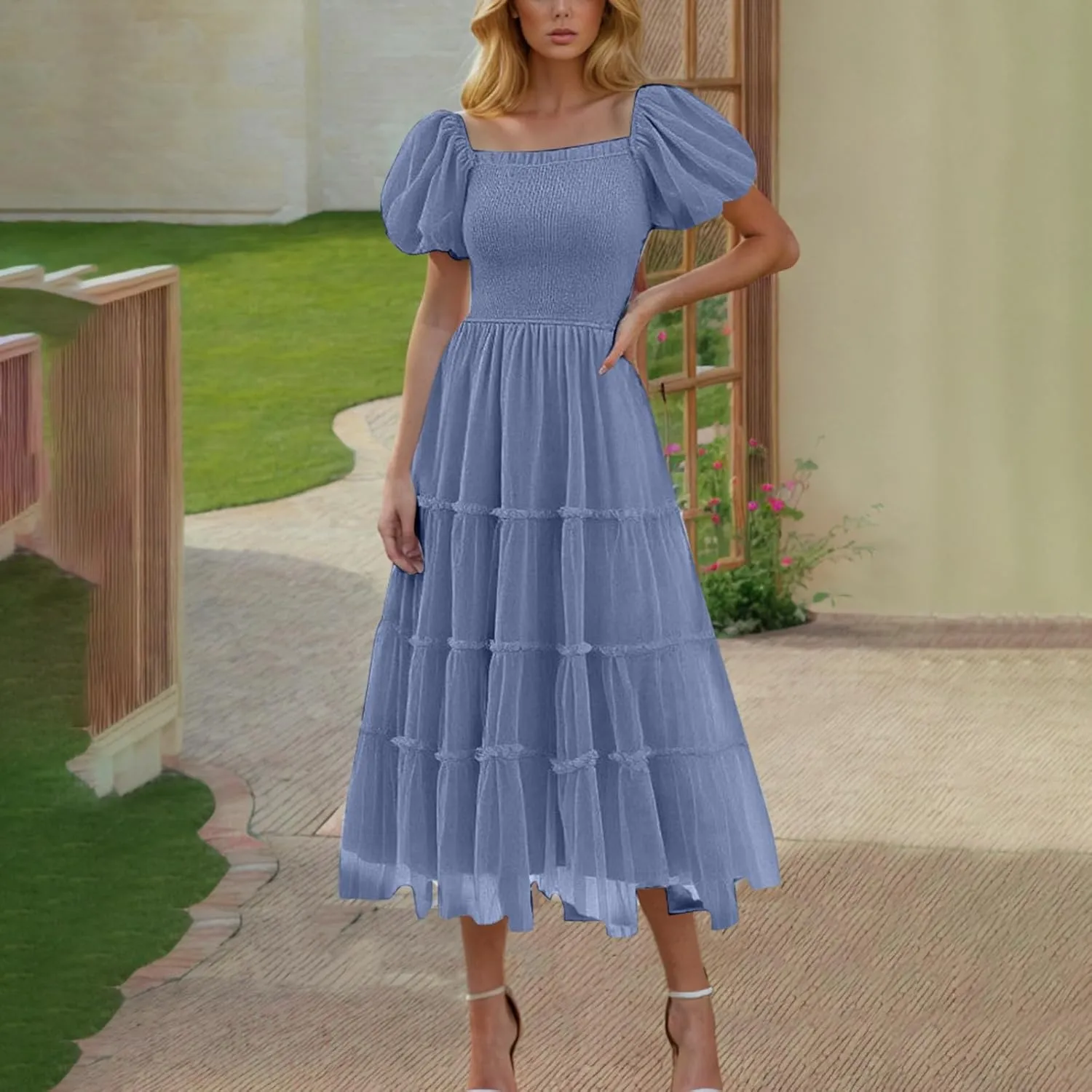 2025 Womens Smocked Midi Tulle Dress Summer Puff Short Sleeve Square Neck Tiered Ruffle Wedding Guest Party Dresses