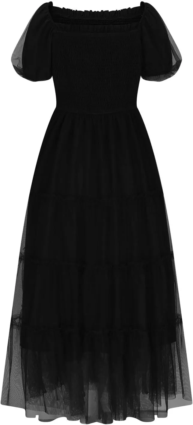 2025 Womens Smocked Midi Tulle Dress Summer Puff Short Sleeve Square Neck Tiered Ruffle Wedding Guest Party Dresses
