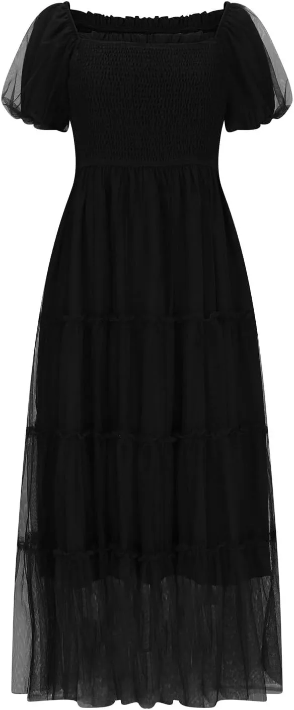 2025 Womens Smocked Midi Tulle Dress Summer Puff Short Sleeve Square Neck Tiered Ruffle Wedding Guest Party Dresses