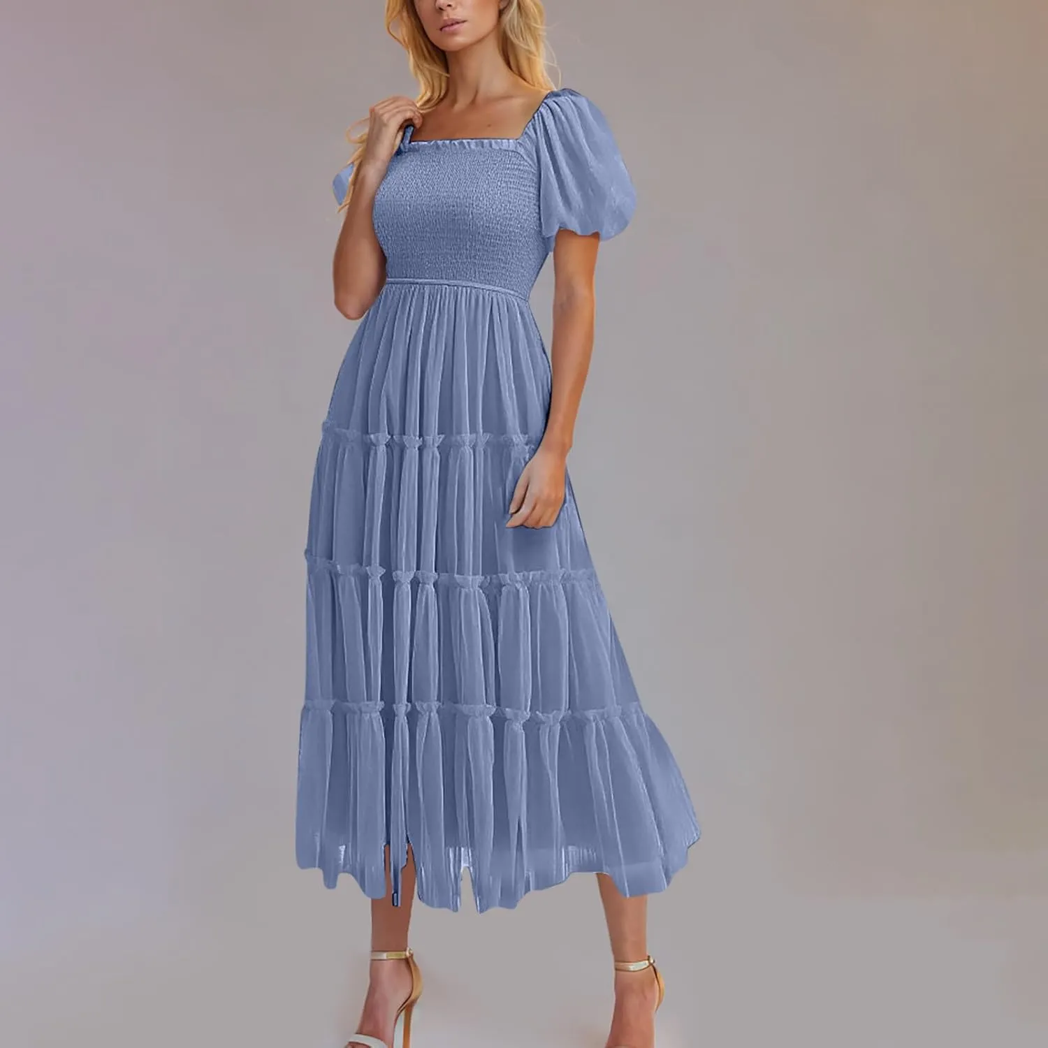2025 Womens Smocked Midi Tulle Dress Summer Puff Short Sleeve Square Neck Tiered Ruffle Wedding Guest Party Dresses