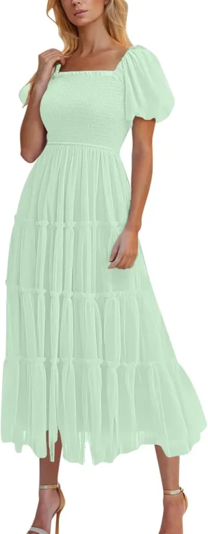 2025 Womens Smocked Midi Tulle Dress Summer Puff Short Sleeve Square Neck Tiered Ruffle Wedding Guest Party Dresses
