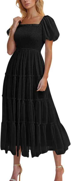 2025 Womens Smocked Midi Tulle Dress Summer Puff Short Sleeve Square Neck Tiered Ruffle Wedding Guest Party Dresses