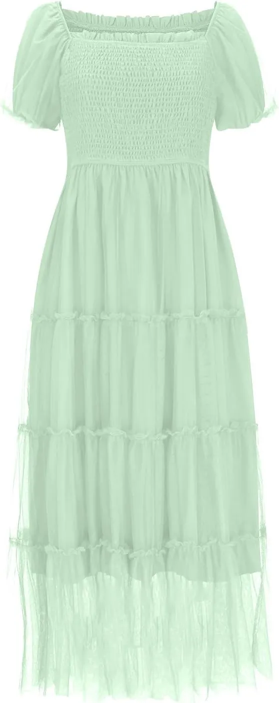 2025 Womens Smocked Midi Tulle Dress Summer Puff Short Sleeve Square Neck Tiered Ruffle Wedding Guest Party Dresses