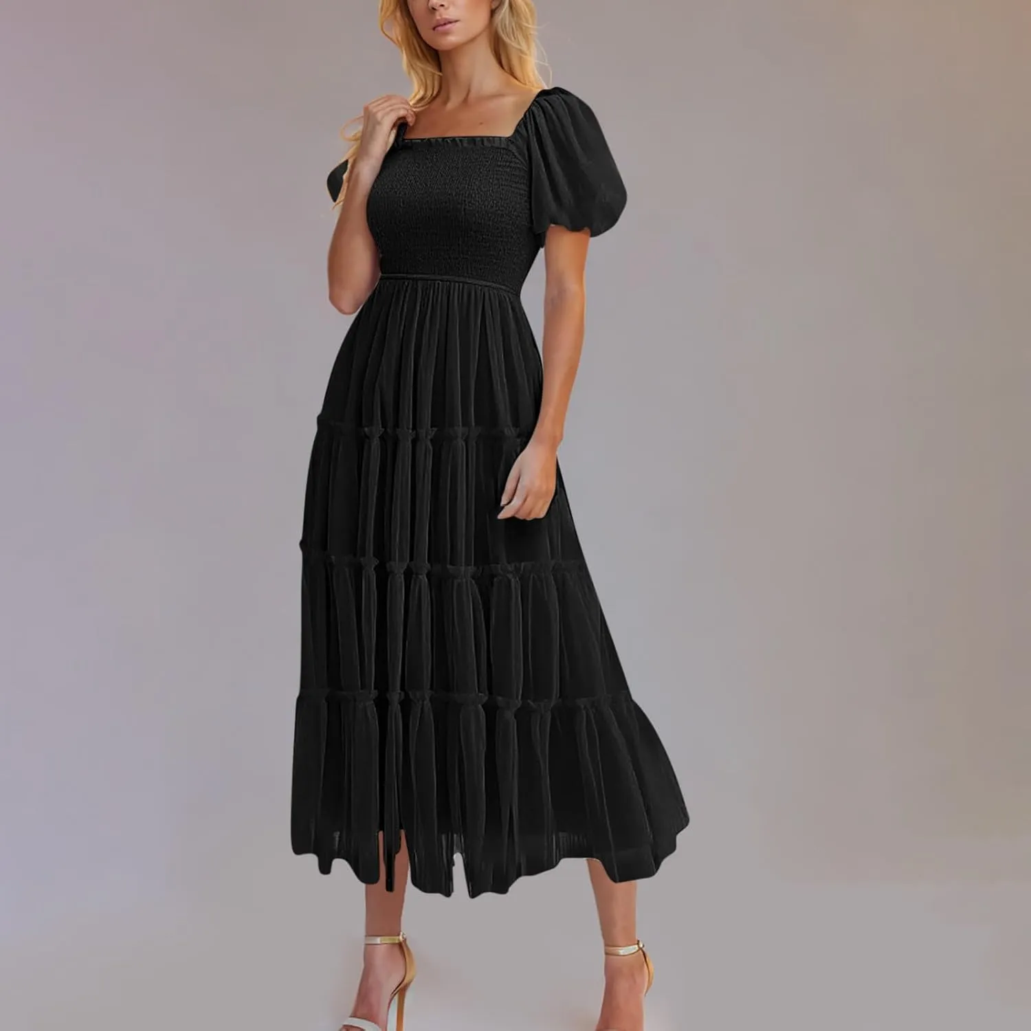 2025 Womens Smocked Midi Tulle Dress Summer Puff Short Sleeve Square Neck Tiered Ruffle Wedding Guest Party Dresses