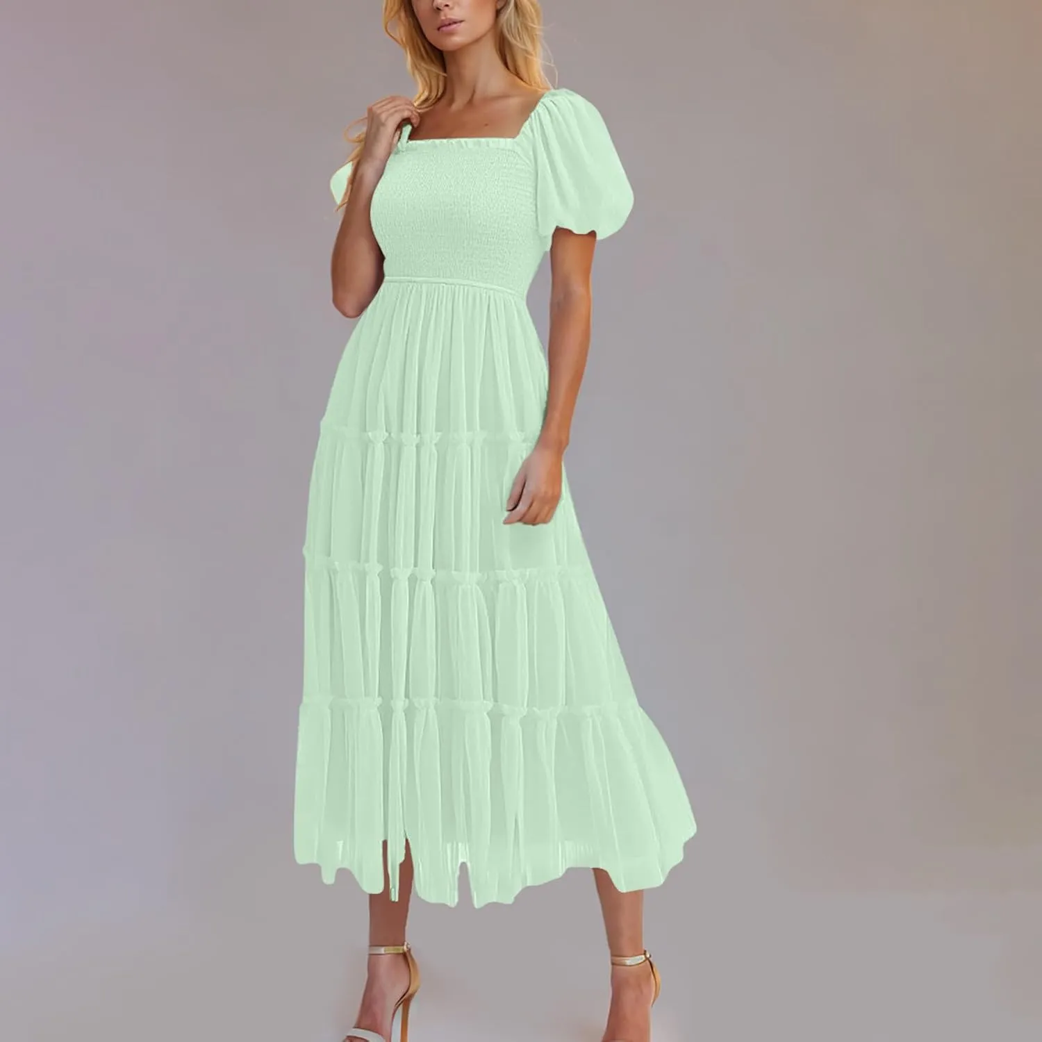 2025 Womens Smocked Midi Tulle Dress Summer Puff Short Sleeve Square Neck Tiered Ruffle Wedding Guest Party Dresses