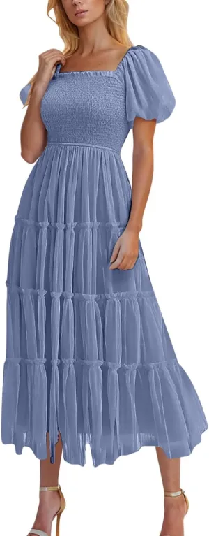 2025 Womens Smocked Midi Tulle Dress Summer Puff Short Sleeve Square Neck Tiered Ruffle Wedding Guest Party Dresses