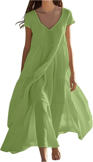 2025 Womens Summer Cotton Linen Dresses Tiered Casual Short Sleeve Flowy V-Neck Dress Maxi Long Beach Sundress