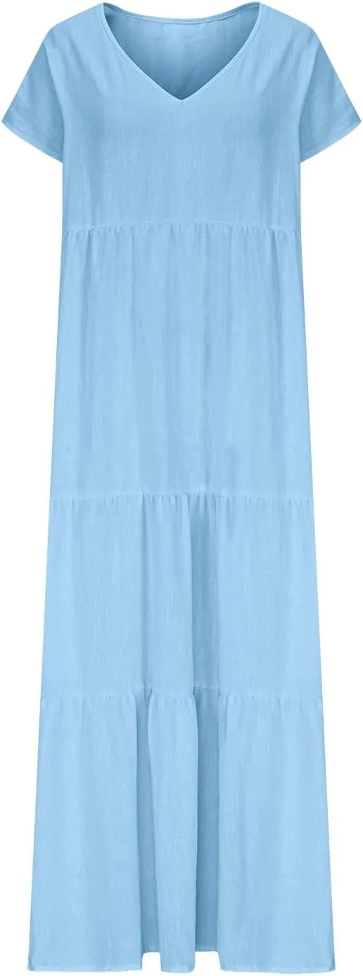 2025 Womens Summer Cotton Linen Dresses Tiered Casual Short Sleeve Flowy V-Neck Dress Maxi Long Beach Sundress