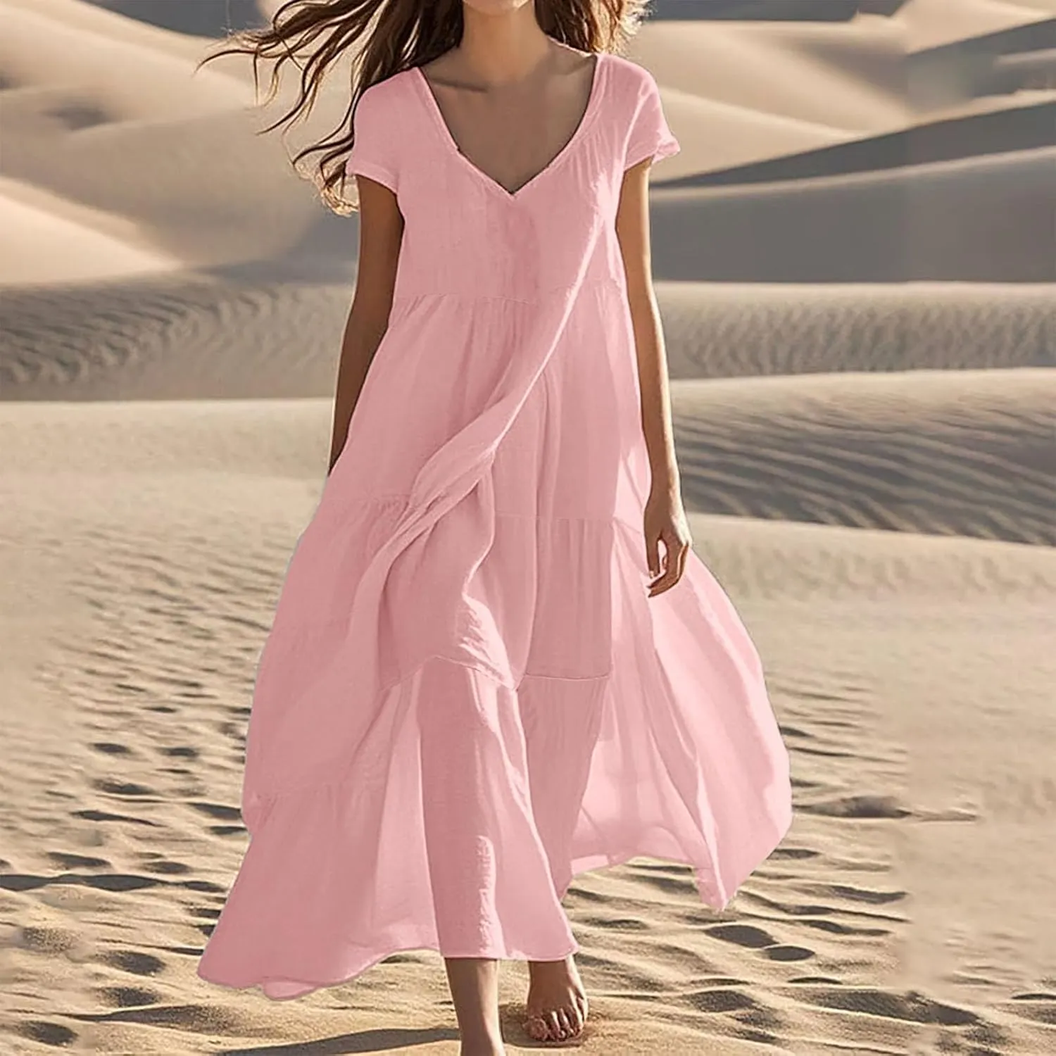 2025 Womens Summer Cotton Linen Dresses Tiered Casual Short Sleeve Flowy V-Neck Dress Maxi Long Beach Sundress