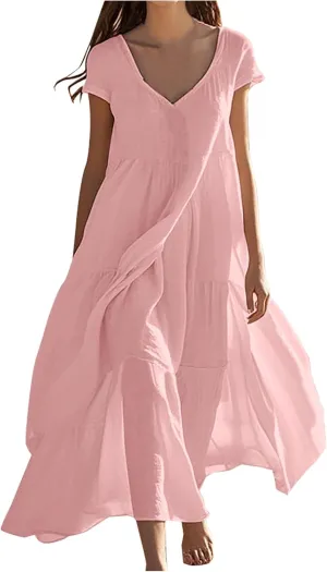 2025 Womens Summer Cotton Linen Dresses Tiered Casual Short Sleeve Flowy V-Neck Dress Maxi Long Beach Sundress