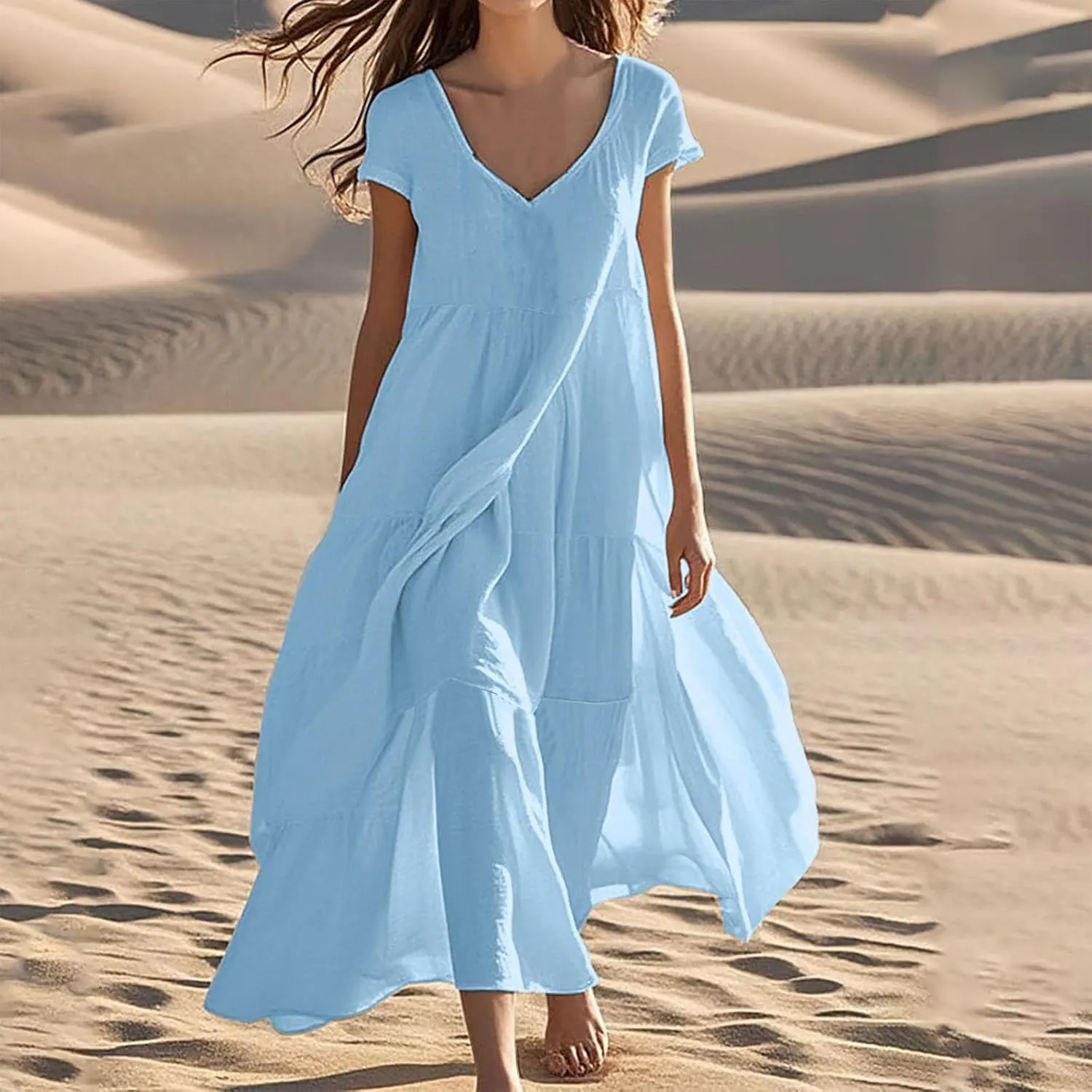 2025 Womens Summer Cotton Linen Dresses Tiered Casual Short Sleeve Flowy V-Neck Dress Maxi Long Beach Sundress