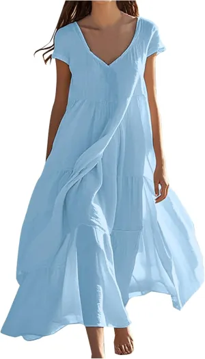 2025 Womens Summer Cotton Linen Dresses Tiered Casual Short Sleeve Flowy V-Neck Dress Maxi Long Beach Sundress