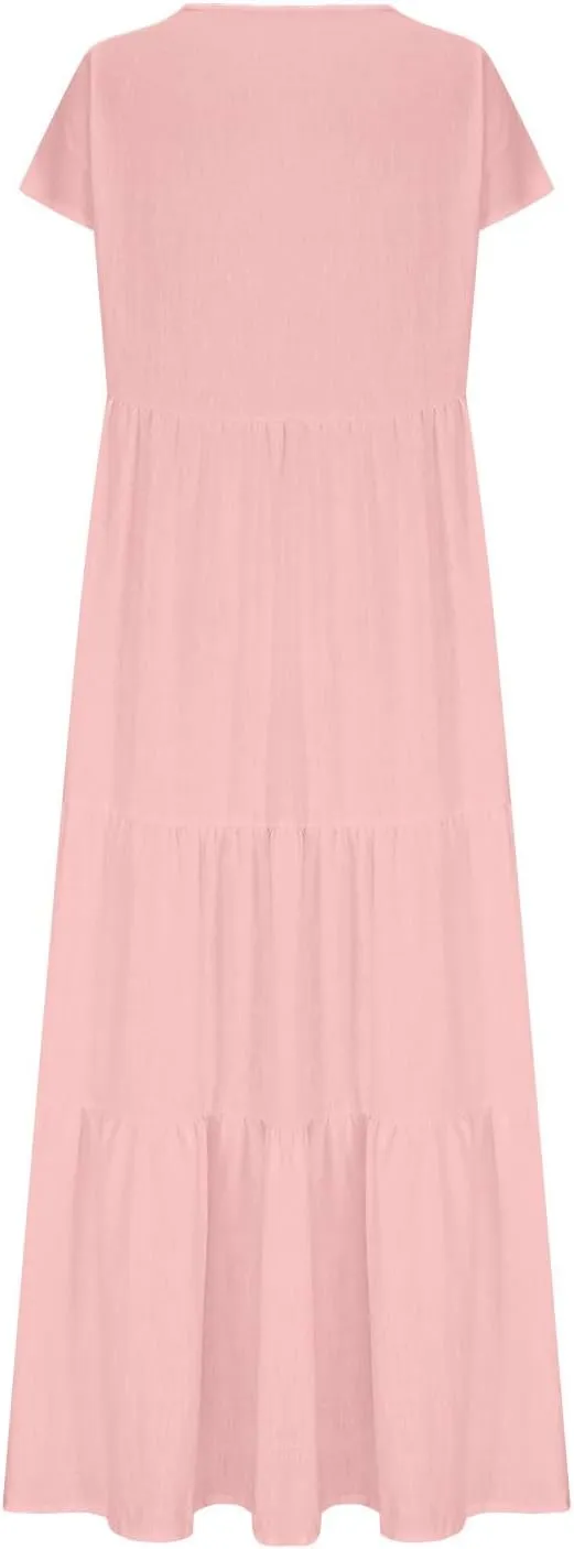 2025 Womens Summer Cotton Linen Dresses Tiered Casual Short Sleeve Flowy V-Neck Dress Maxi Long Beach Sundress