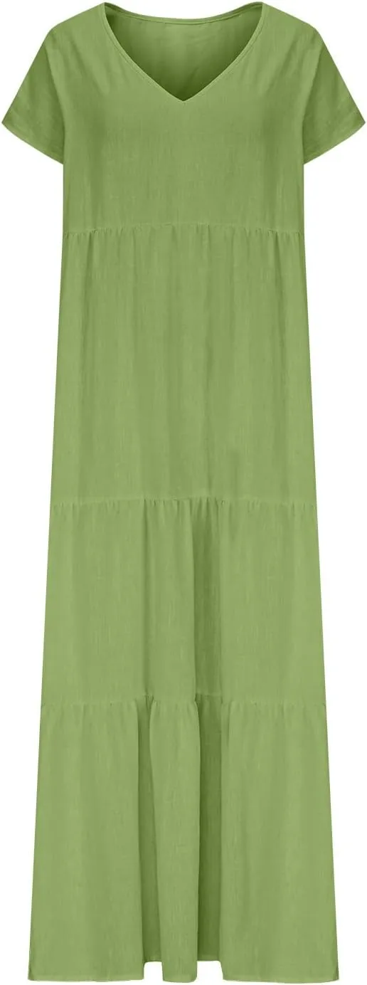 2025 Womens Summer Cotton Linen Dresses Tiered Casual Short Sleeve Flowy V-Neck Dress Maxi Long Beach Sundress