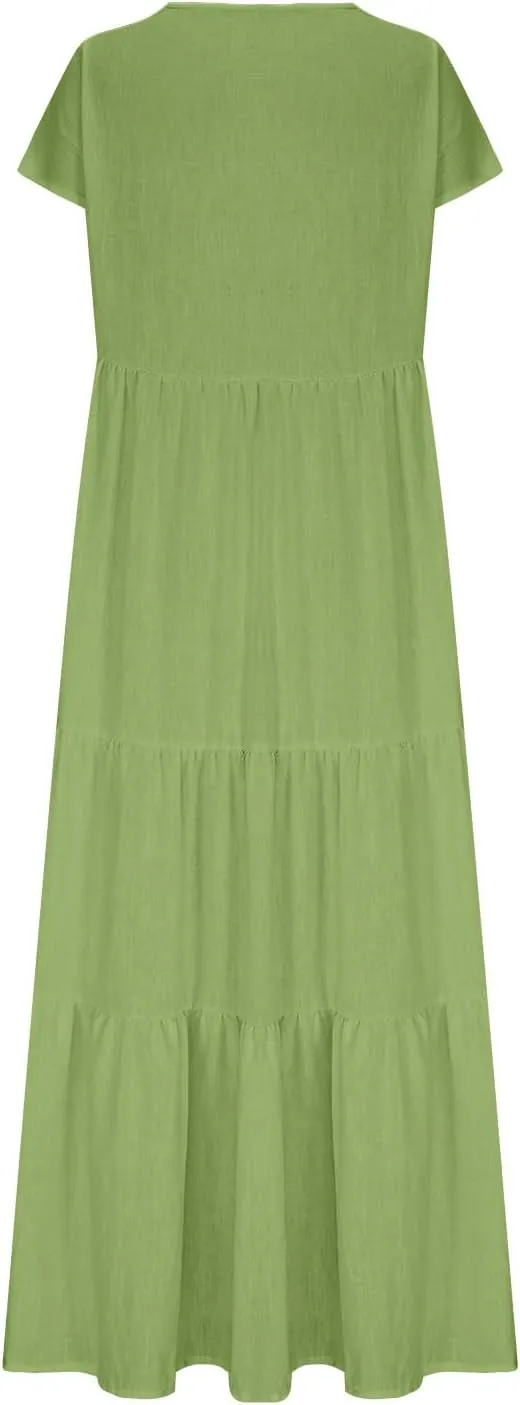 2025 Womens Summer Cotton Linen Dresses Tiered Casual Short Sleeve Flowy V-Neck Dress Maxi Long Beach Sundress