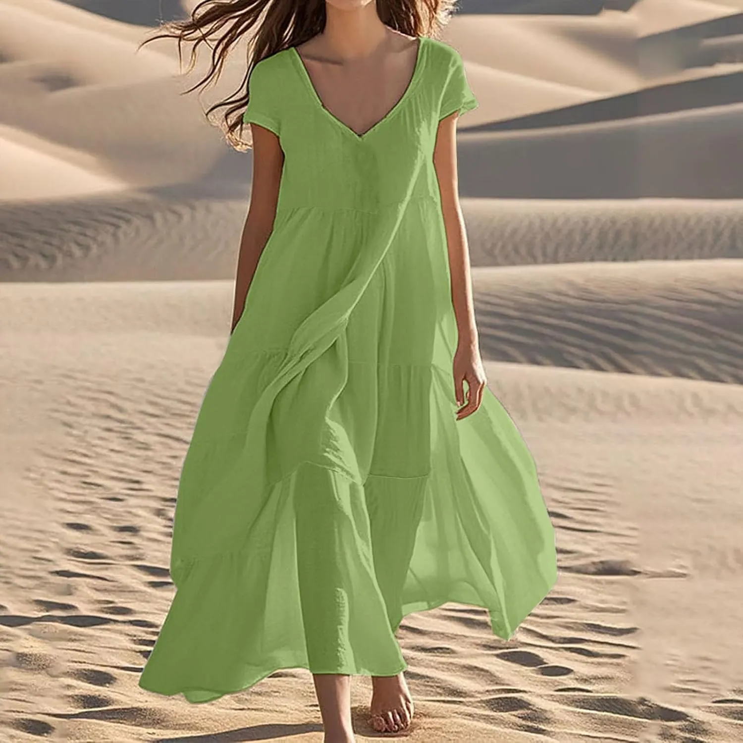 2025 Womens Summer Cotton Linen Dresses Tiered Casual Short Sleeve Flowy V-Neck Dress Maxi Long Beach Sundress