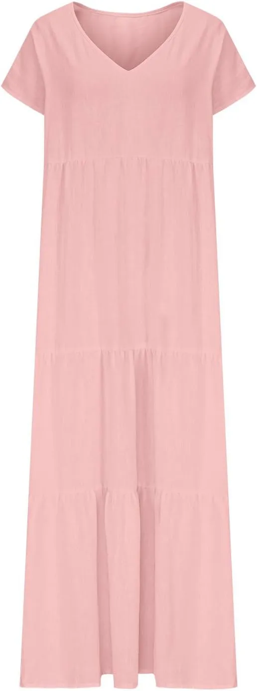 2025 Womens Summer Cotton Linen Dresses Tiered Casual Short Sleeve Flowy V-Neck Dress Maxi Long Beach Sundress