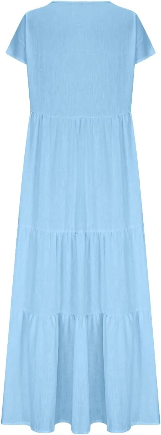 2025 Womens Summer Cotton Linen Dresses Tiered Casual Short Sleeve Flowy V-Neck Dress Maxi Long Beach Sundress