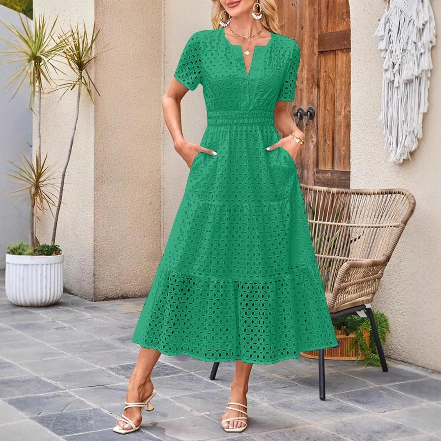 2025 Women's Summer Eyelet Dresses Short Sleeve Casual V Neck Hollow Out Tiered Ruffle Swing A-Line Maxi Long Dresses